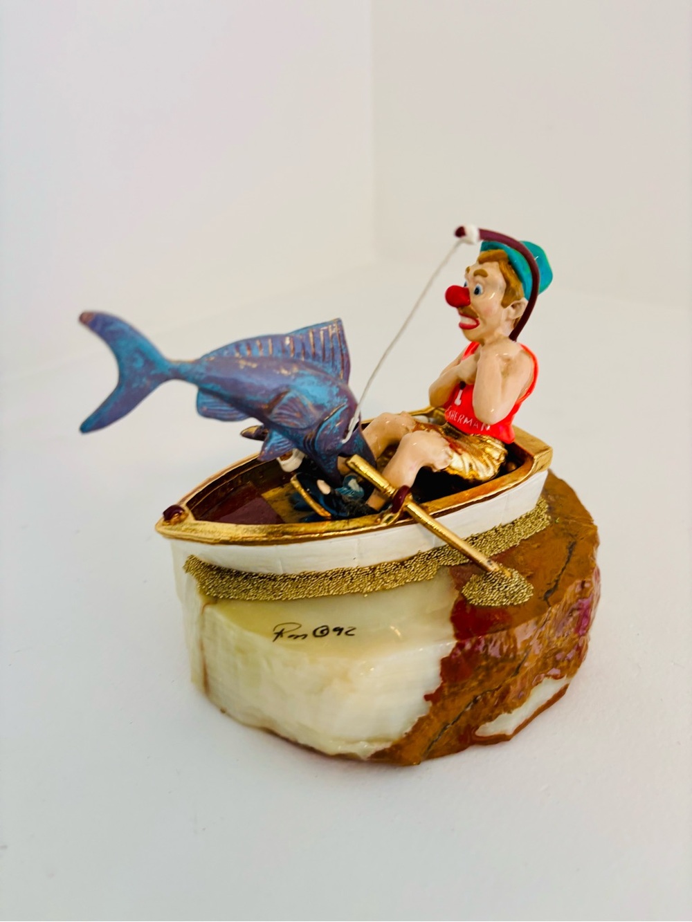 Ron Lee-Signed-Whimsical Fisherman Boat Sculpture in Blue, Red and Gold-Onyx-‘92